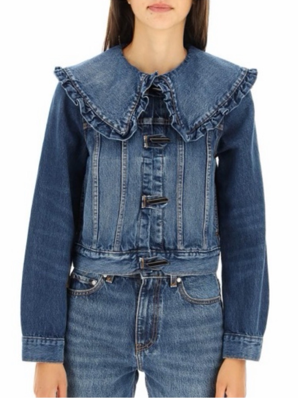 Ganni Oversized Ruffle Collar Denim Jacket
